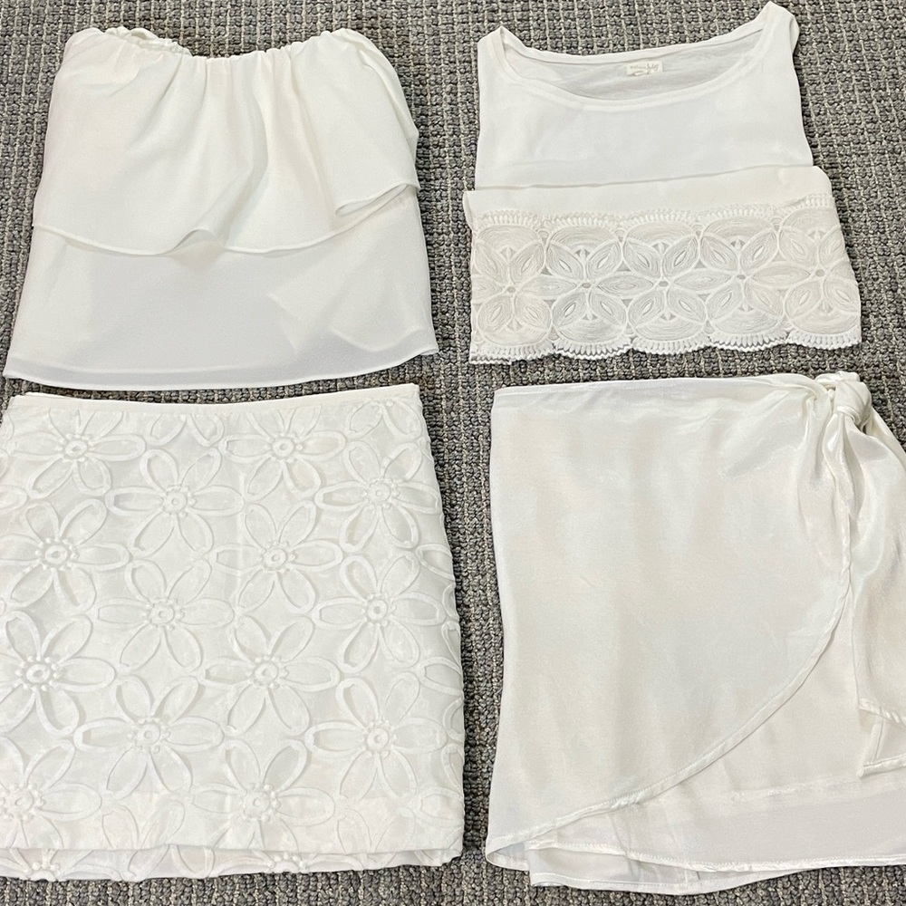 🤍 Bundle of 4 White Crop Tops/Mini Skirts with Lace, Ruffles & Satin.